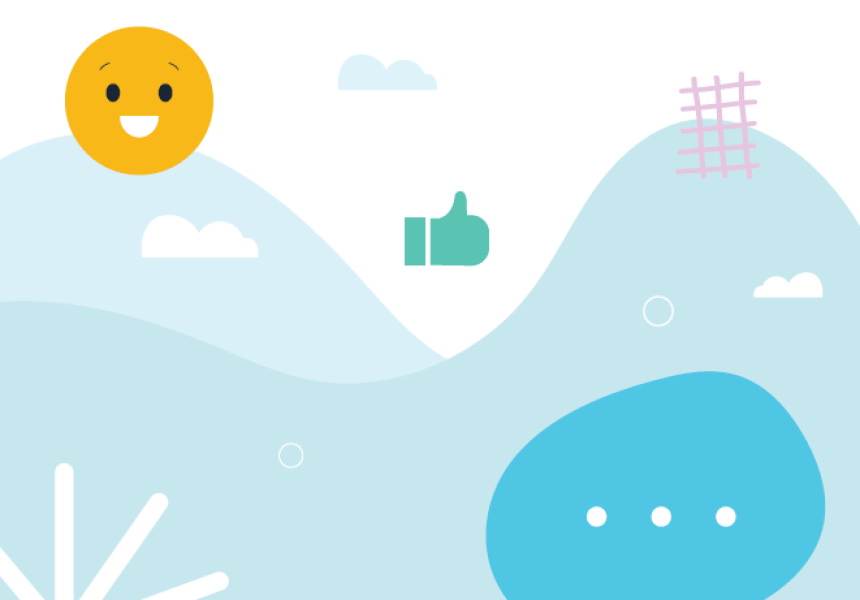 A graphic of a smiley yellow face as the sun, surrounded by clouds and objects including a green thumbs up symbol, and a big blue speech bubble